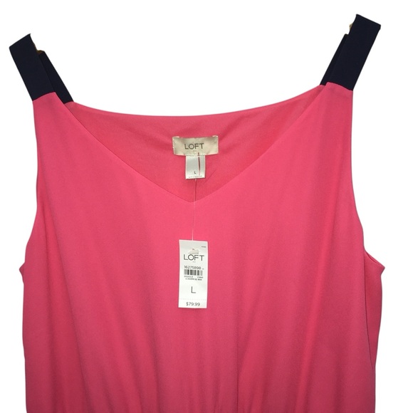 NWT L Ann Taylor LOFT Pink Navy Blue Drawstring Summer Dress - Women Large - Picture 7 of 12